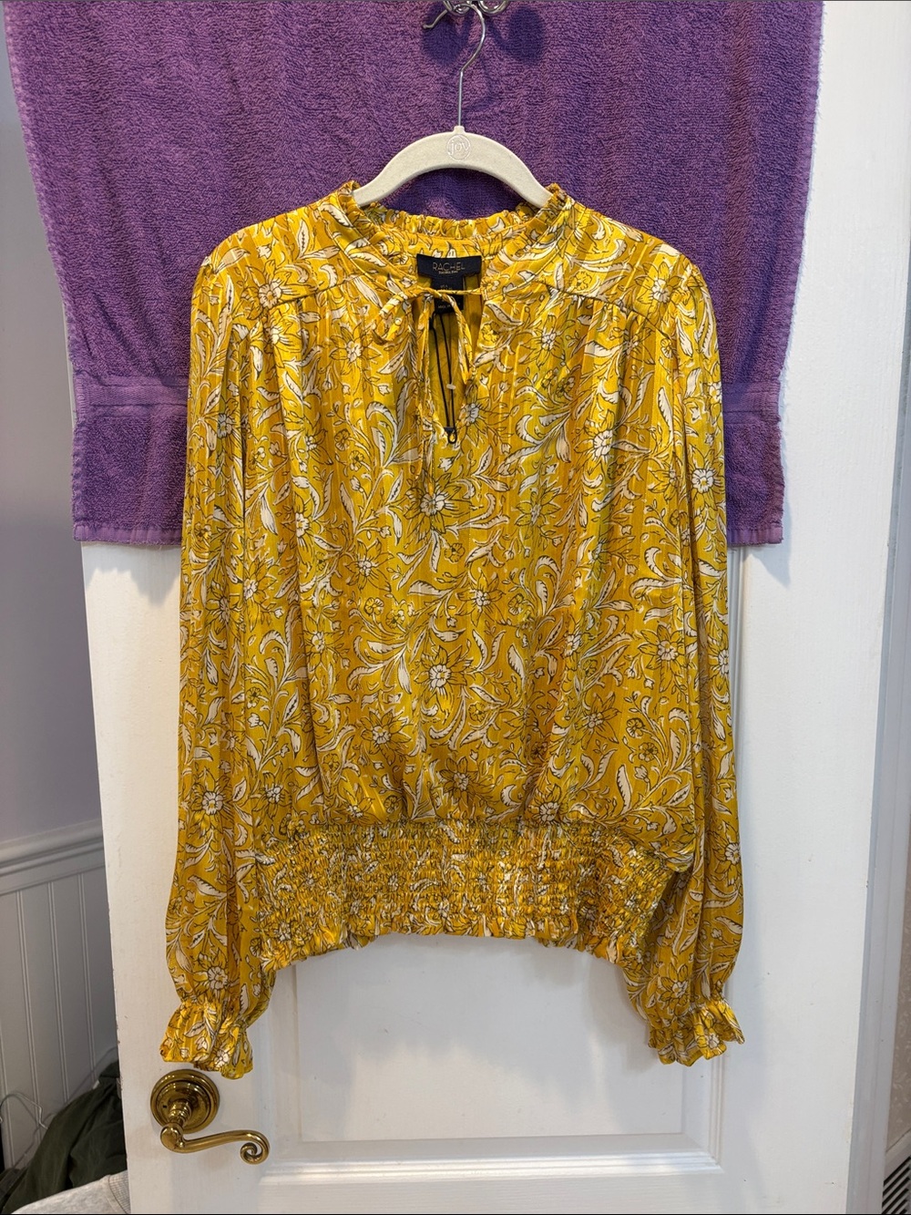 NWT RACHEL Rachel Roy Mustard Yellow Paisley Tie-Neck Blouse